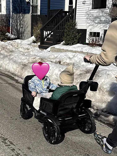 Two children riding in a black Waggle wagon beside a snowy sidewalk